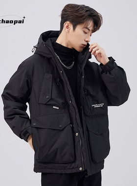 冬季连帽羽绒服男生冲锋衣加厚保暖鸭绒黑色美式潮牌工装休闲外套