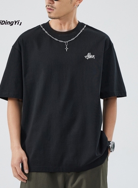 美式嘻哈印花项链T恤男小众宽松夏季新款潮牌街头纯棉圆领短袖ins