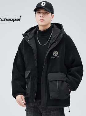 羊羔毛连帽羽绒服男士冬季潮流加厚防风保暖潮牌撞色拼接工装外套