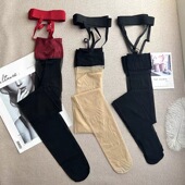 红色边黑丝吊带一体过膝袜女ins潮性感撞色纯欲风高长筒薄款