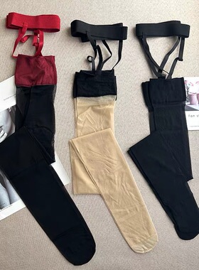 红色边黑丝吊带一体过膝袜女ins潮性感撞色纯欲风高长筒薄款