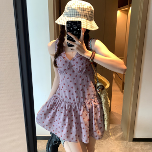 a字短裙 紫色碎花连衣裙女夏V领小收腰显瘦无袖 25S新款 芋泥奶芙