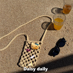 奶蓝墨镜猫咪手工编织包夏日度假出门遛弯小众镂空斜挎手机包女