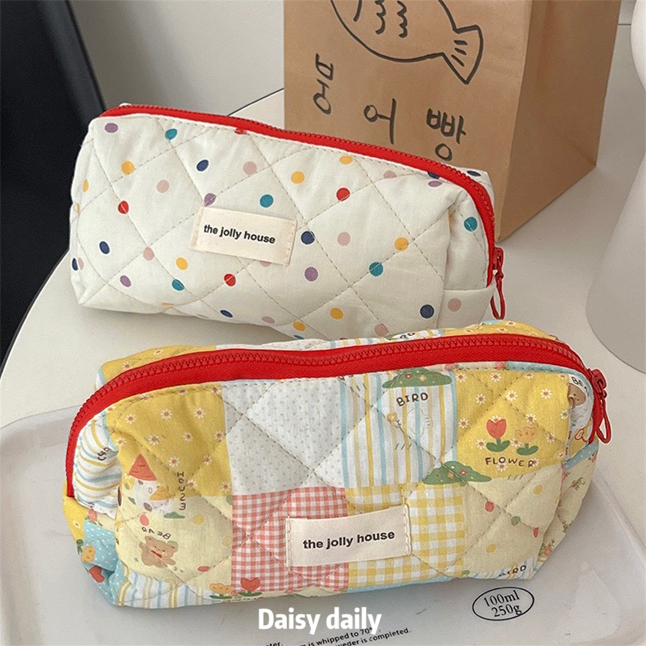 棉布小清新波点绗缝笔袋