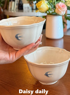 日式复古手绘燕子浮雕米饭碗釉下彩家用陶瓷餐具4.5寸饭碗甜品碗