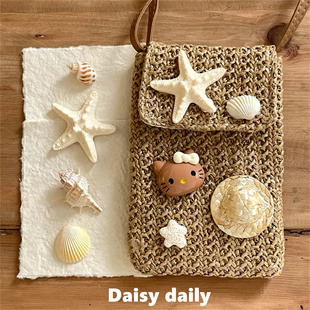 夏季 沙滩手工编织包ins钩织手拎包便携斜挎手机包外出遛弯草编包