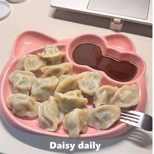 粉色蝴蝶结猫咪饺子盘家用食品级陶瓷盘子卡通分格盘早餐盘筷子