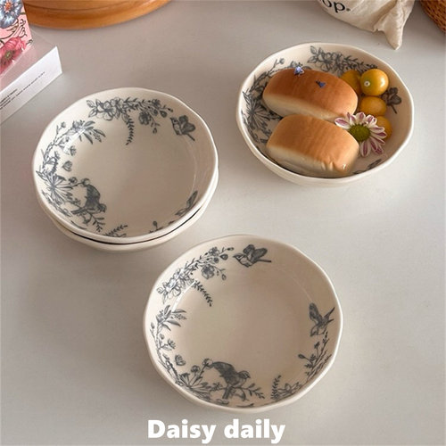 灰蓝花卉蘸料碟ins法式复古釉下彩陶瓷小碟子家用味碟调料碟醋碟