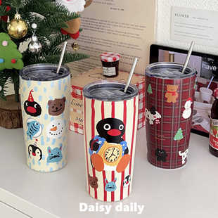 原创 企鹅不锈钢保温杯咖啡杯保温杯吸管大容量高颜值水杯情侣