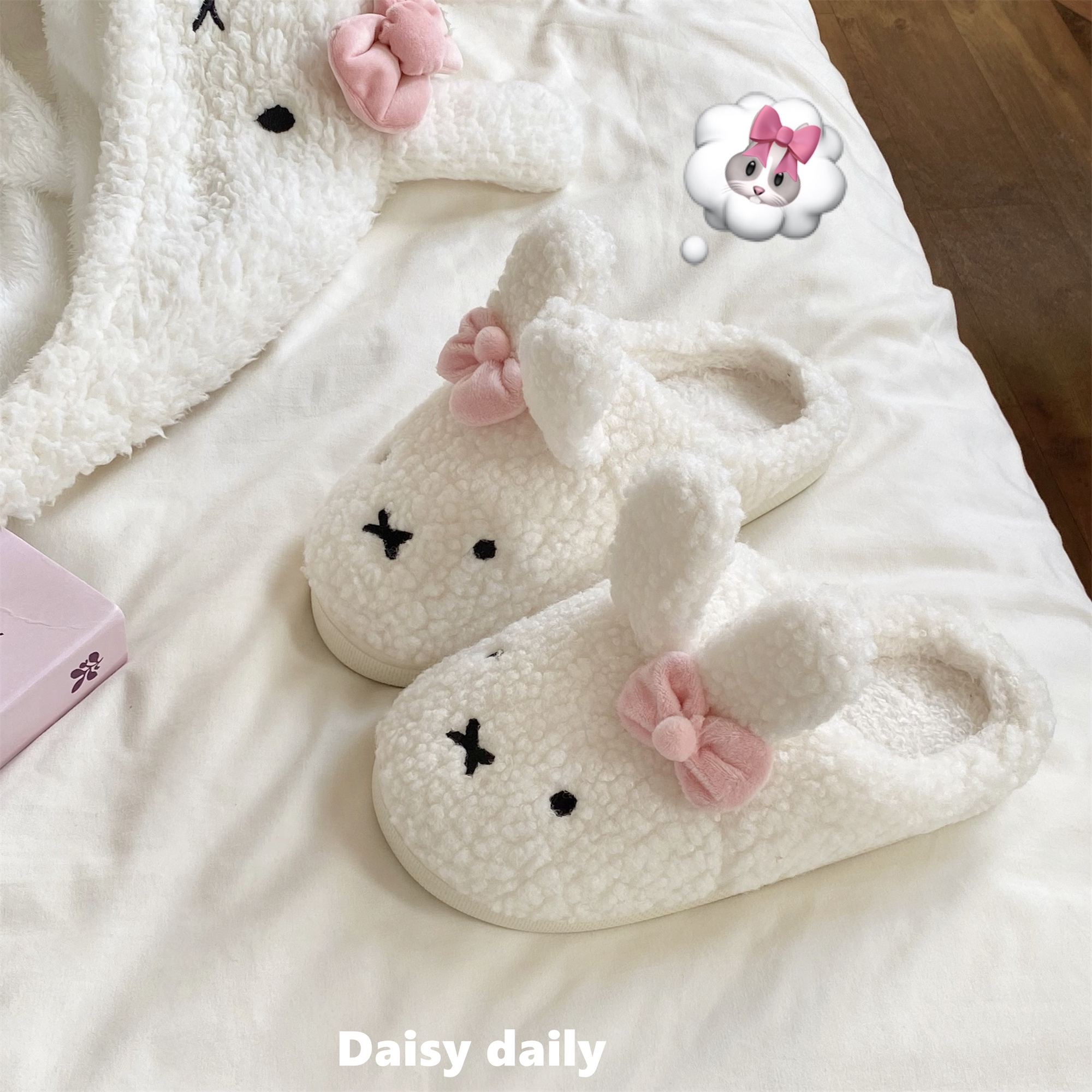 白色毛绒米菲兔棉拖鞋女冬外穿2025新款可爱厚底加绒包头毛毛拖鞋