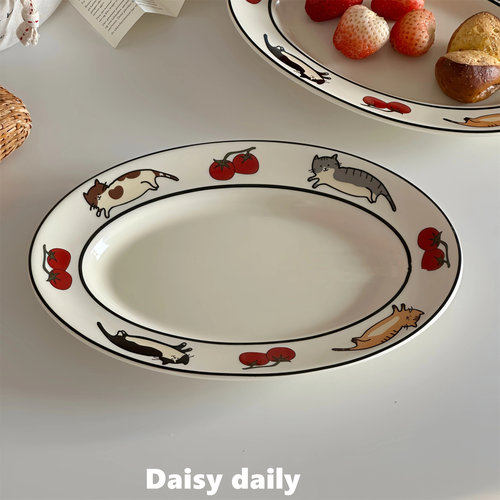 ins可爱番茄猫咪手绘插画蛋糕甜品盘椭圆盘意面盘水果盘沙拉盘女