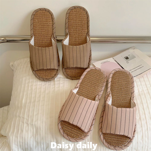简约日系条纹防滑静音凉拖女夏季家居室内条纹情侣软底亚麻拖鞋