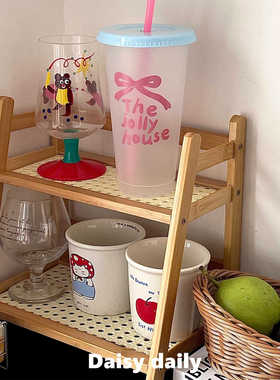 ins中古风藤编奶油色双层桌面置物架宿舍卧室办公厨房杯架整理架