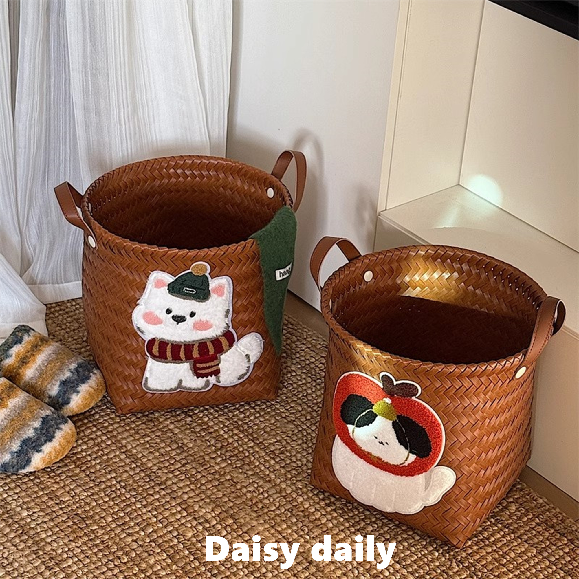 可爱小狗编织脏衣篮收纳桶圆款大容量复古杂物零食置物筐高级家用