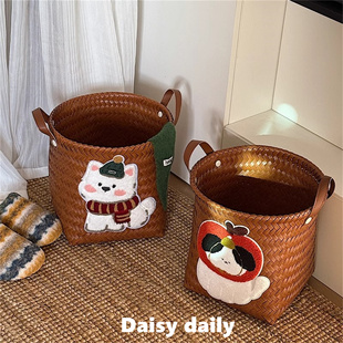 可爱小狗编织脏衣篮收纳桶圆款 大容量复古杂物零食置物筐高级家用