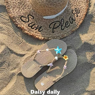 海洋花朵草编沙滩鞋夏季外穿海边休闲度假风人字拖鞋夹脚凉拖鞋