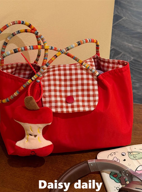 2025新款红色格子手提包大容量通勤托特包上班上课单肩手拎帆布包