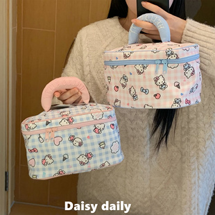可爱猫咪kt手提化妆包便携式大容量格子收纳包女生外出旅行洗漱包