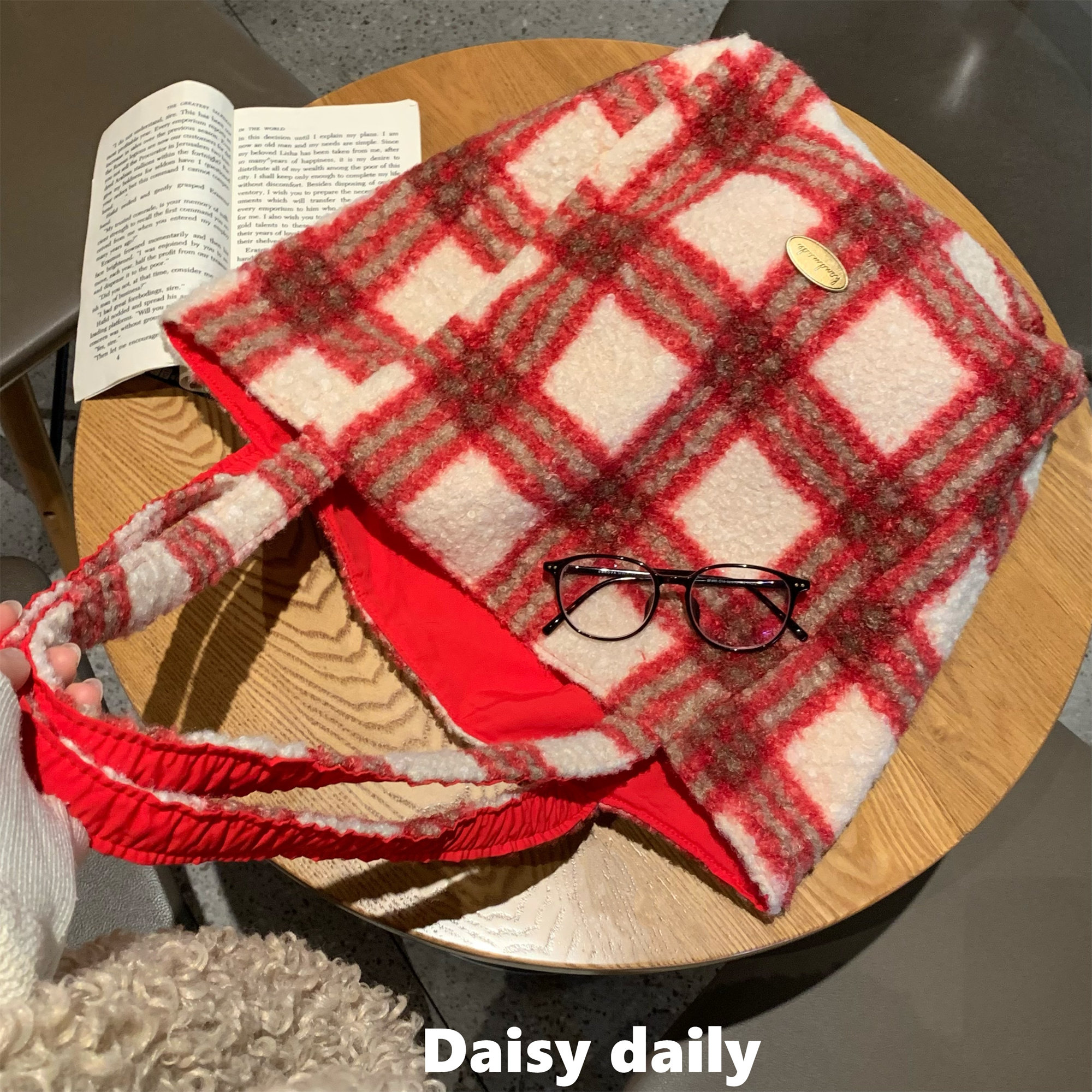 新年红格纹毛绒双面托特包女2025秋冬新款大容量通勤单肩手提包包,箱包皮具/热销女包/男包,时尚帆布包,淘宝优惠券,粉丝福利购,淘宝优惠卷