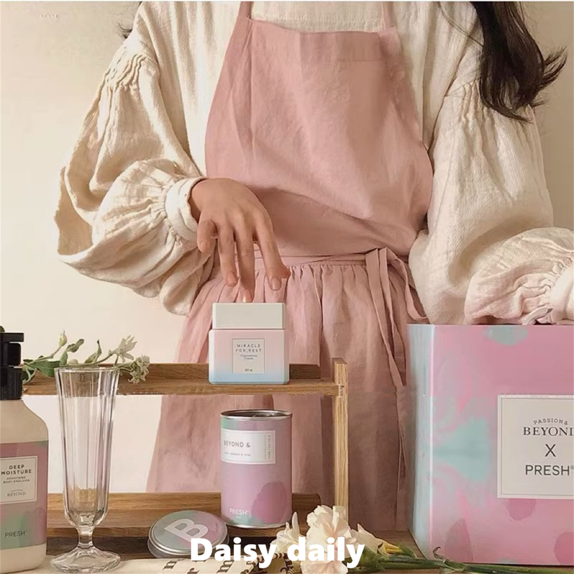 甜美ins风复古围裙厨房甜品店工作服韩系小清新围腰罩衣带口袋女