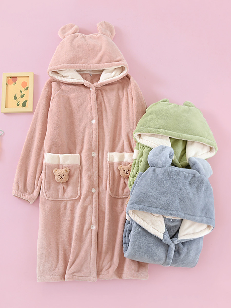 가을과 겨울 여성용 일본 잠옷 두꺼운 따뜻한 산호 벨벳 귀여운 잠옷 플란넬 출산 스커트 후드 홈 스커트