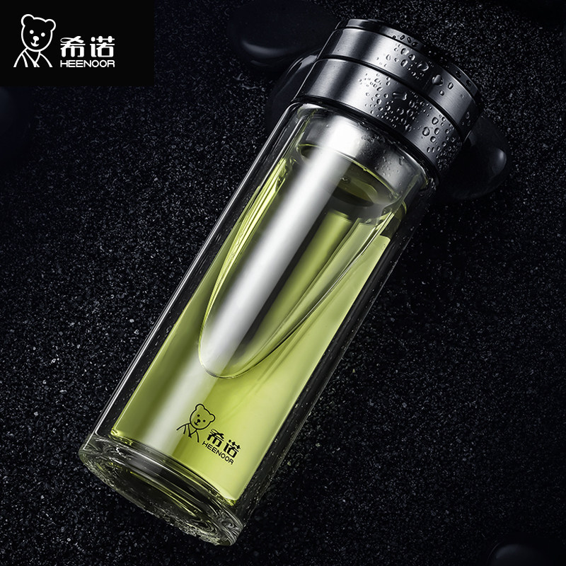 希诺正品双层玻璃茶水分离杯图片
