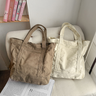 日系复古帆布包女单肩包大容量休闲通勤挎包男生手提包学生补课包