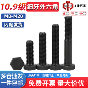 10.9细牙外六角螺丝螺栓螺杆发黑细丝幼牙螺栓M10M12M14M16M18M20