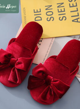 秋冬棉拖鞋女结婚红色家居室内家用软底静音防滑蝴蝶结地板棉拖鞋