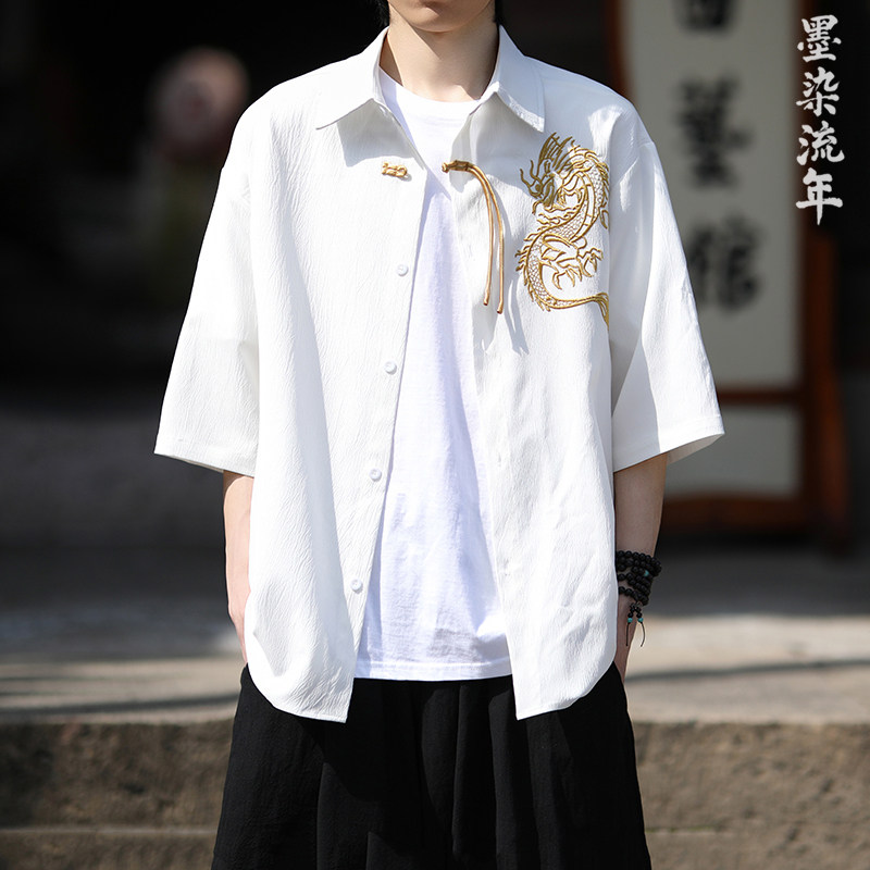 爆3色龙刺绣防皱冰丝夏2025风汉服短袖衬衫/衬衣A818-p68,男装衬衫,钱塘7008(原4008)