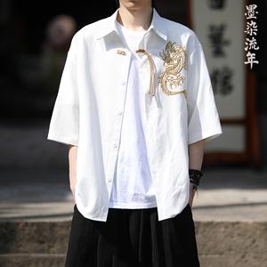 爆3色龙刺绣 防皱冰丝 夏2025 风 汉服短袖衬衫/衬衣A818-p68图片