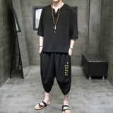 特价风夏季2026冰丝树皮皱T恤+七分裤哈伦裤套装A3002-P70，男装牛仔裤，钱塘7008(原4008)