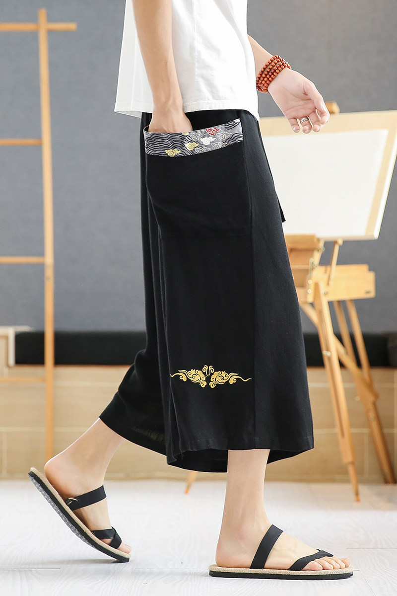 A4007中国风大码2021棉麻汉服唐装古风哈伦裤宽松七分裤p65,男装休闲裤,钱塘7008(原4008)
