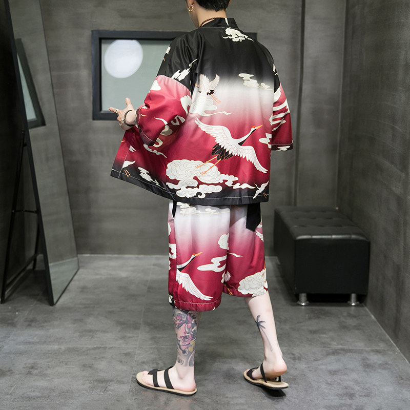 A3028*大码爆2021中国风仙鹤沙滩休闲冰丝面料汉服套装p80，男装休闲套装，钱塘7008(原4008)