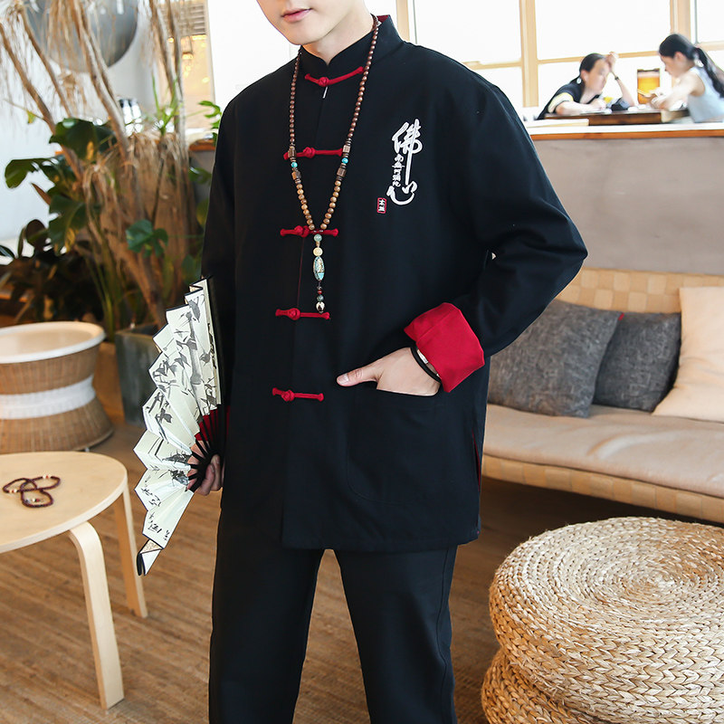 F02中国风2021秋冬新品刺绣佛盘扣汉服套装男P105,男装民族服装,钱塘7008(原4008)