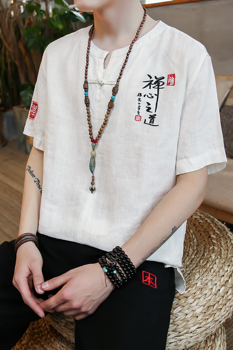 CS03跑量中国风夏2021男士棉麻盘扣刺绣短袖衬衫45,男装衬衫,钱塘7008(原4008)