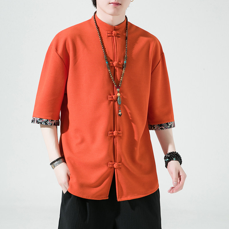 夏新2026新品风华夫格面料汉服唐装短袖男T恤A9005-p48,男装T恤,钱塘7008(原4008)