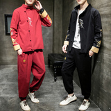 A1019中国风新品2021秋冬双臂刺龙棉麻盘扣/唐装/汉服套装P140，男装套装，钱塘7008(原4008)