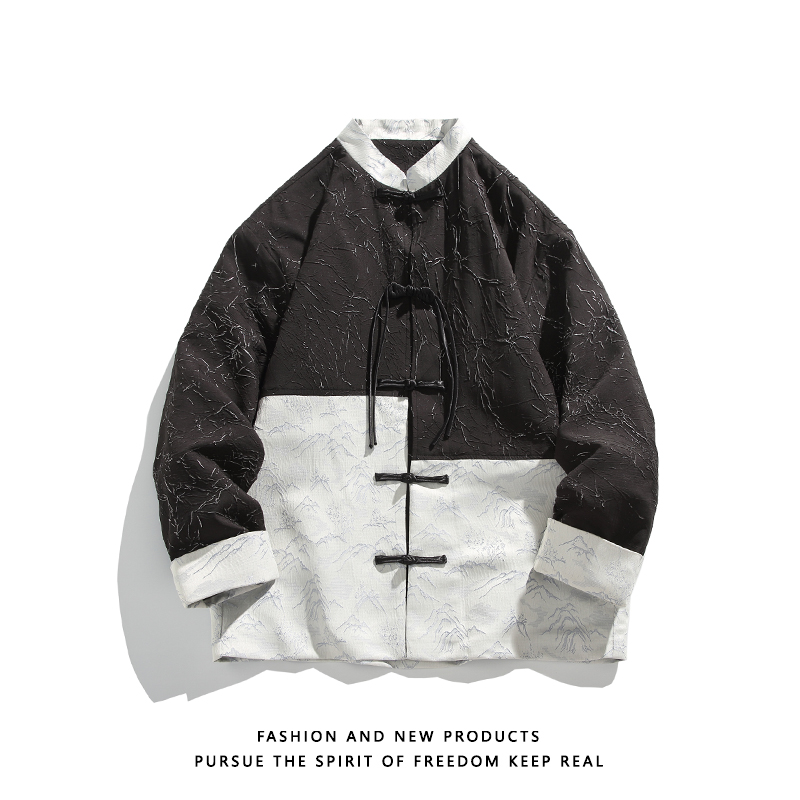 白底新品2025秋新中式提花款拼接夹克唐装外套A935-P110，男装民族服装，钱塘7008(原4008)