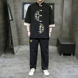 A3000*中国风大码2021半圆刺绣撞色领短袖T恤+长裤套装P100，男装休闲套装，钱塘7008(原4008)