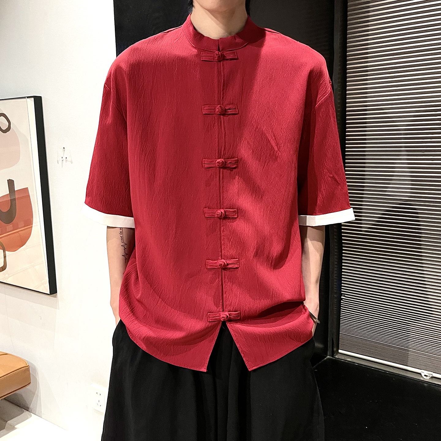 5色夏季2025冰丝抗皱盘扣男短袖衬衫/衬衣A8001*p40，男装T恤，钱塘7008(原4008)