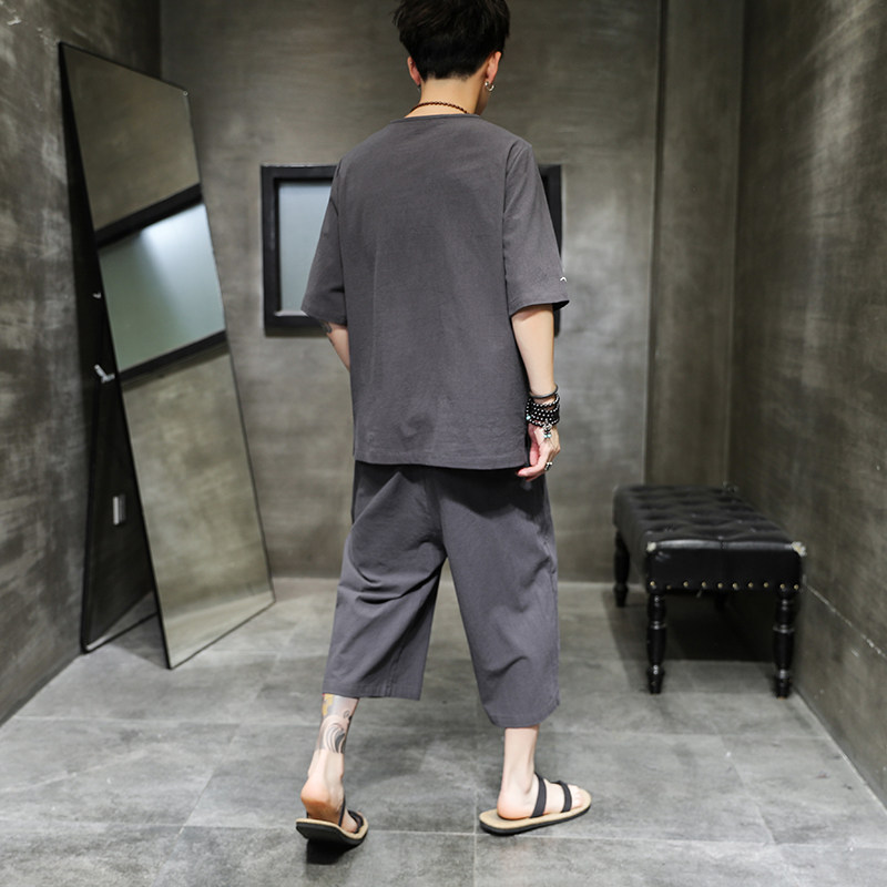 A1076*夏2021大码个性领刺绣祥云T恤+七分裤套装P85,男装休闲套装,钱塘7008(原4008)