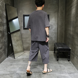 A1076*夏2021大码个性领刺绣祥云T恤+七分裤套装P85，男装休闲套装，钱塘7008(原4008)