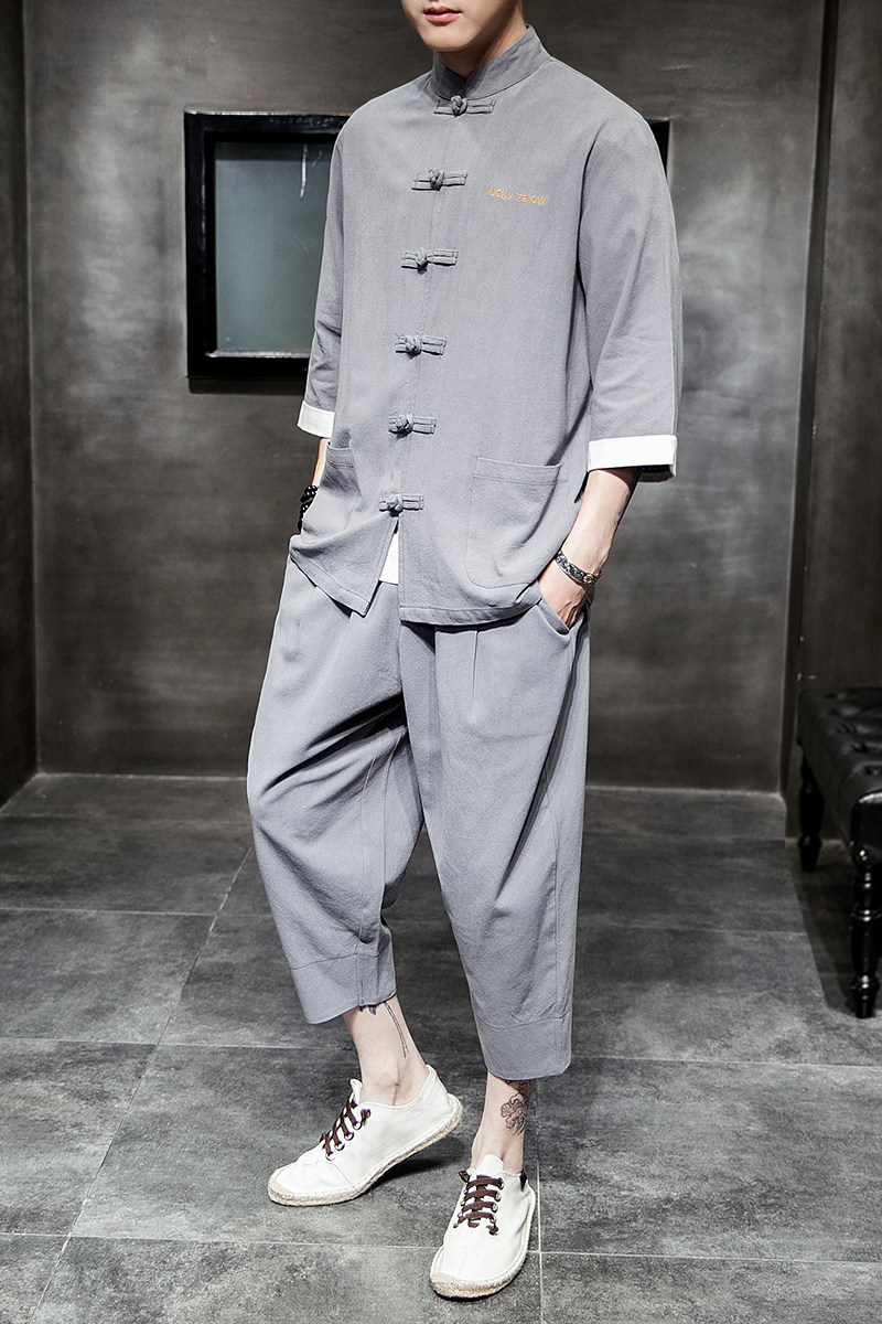 A718*主推夏2021棉麻盘扣七分袖开衫T汉服套装p100(不低于128,男装休闲套装,钱塘7008(原4008)