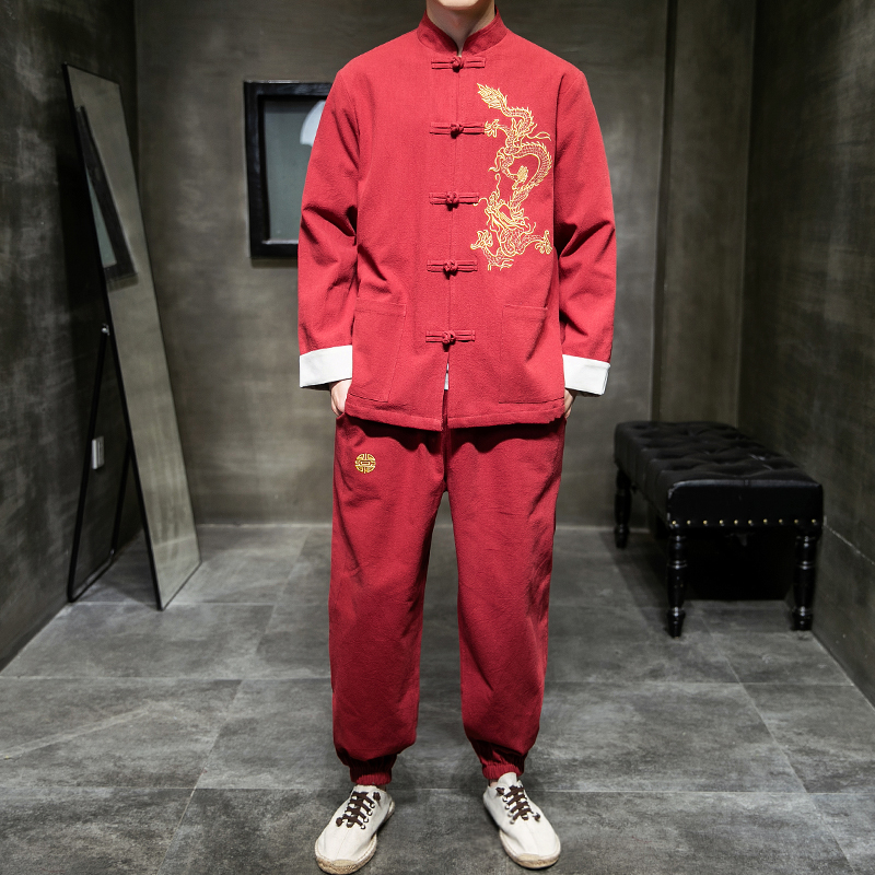 A1007风Q秋冬大码2021刺绣棉麻盘扣/汉服套装，男装民族服装，钱塘7008(原4008)