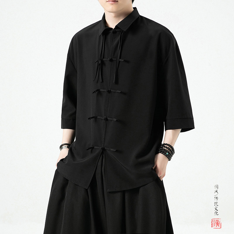 新中式白底夏季2026汉服冰丝短袖衬衫/衬衣A891-p65,男装T恤,钱塘7008(原4008)