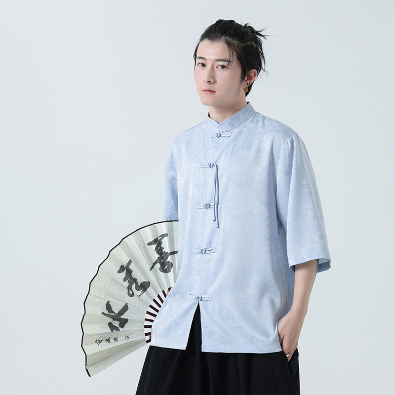 风冰丝面料夏季2026新中式短袖汉服/唐装衬衫A627*p65,男装T恤,钱塘7008(原4008)