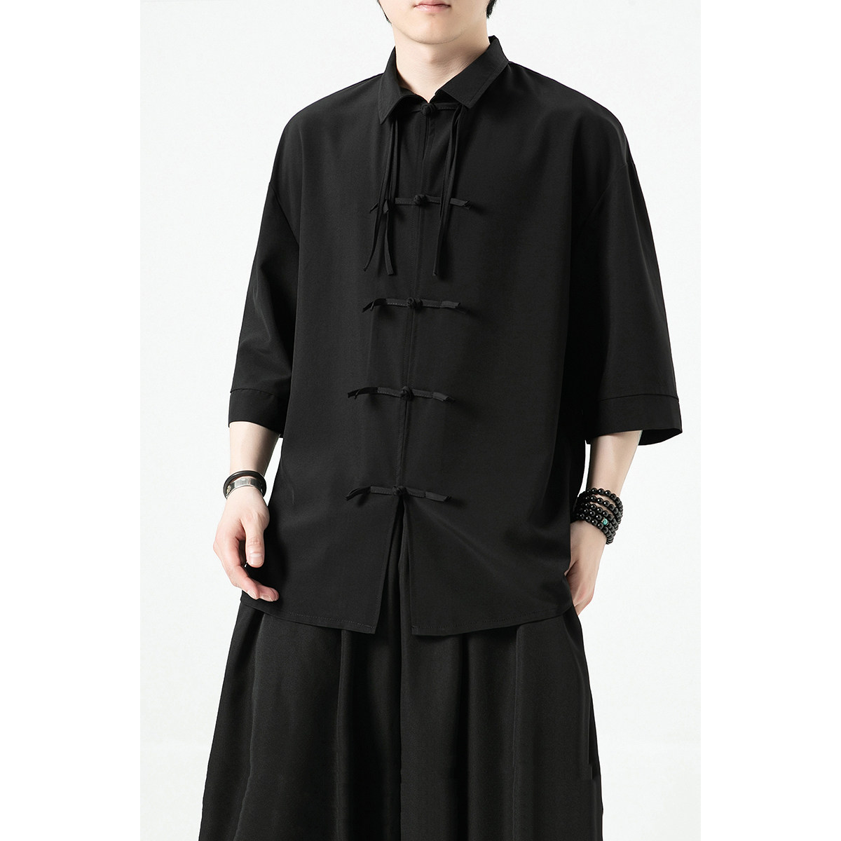 新中式平铺白底夏季2024汉服冰丝短袖衬衫/衬衣A891-p65,男装T恤,钱塘7008(原4008)