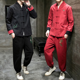 A1018新品中国风2021秋冬竹子刺绣棉麻盘扣/汉服套装P130，男装套装，钱塘7008(原4008)