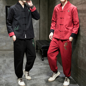 A1018新品中国风2021秋冬 竹子刺绣 棉麻盘扣/汉服套装P130图片